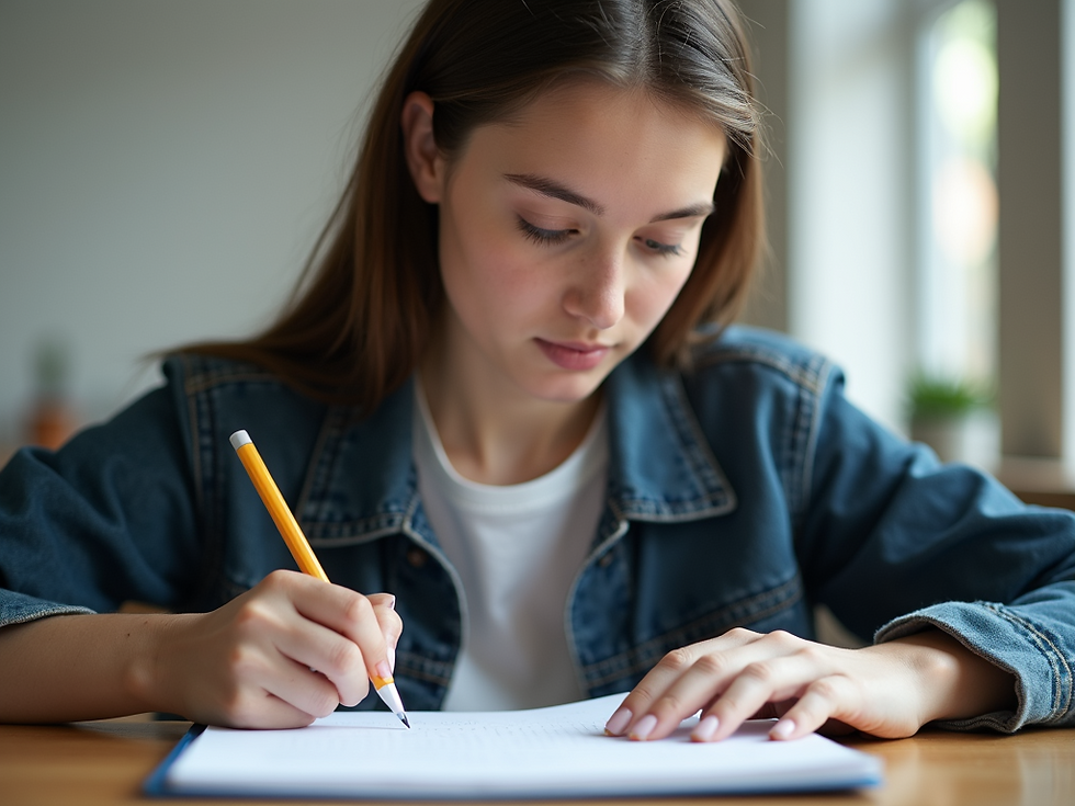 Eye-level view of a student taking a test in a quiet classroom