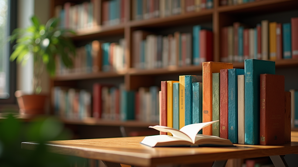 Close-up view of an inviting reading nook with colorful books