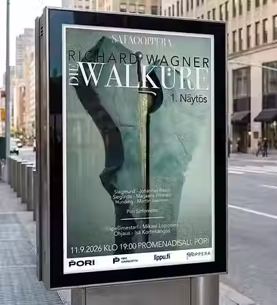 Mockup eines Stadtplakats für „Die Walküre“ von Satakunta Opera im öffentlichen Raum.