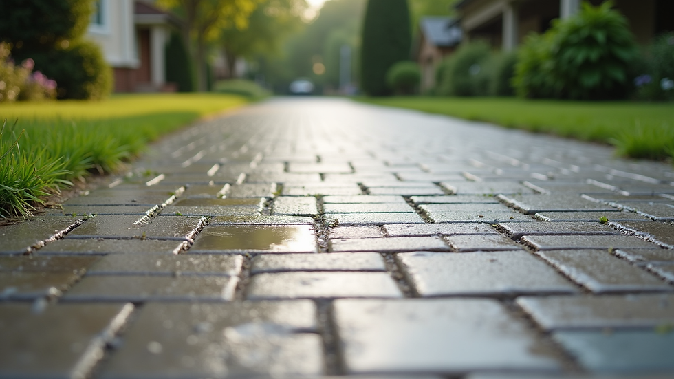 High angle view of a clean paver driveway after professional soft washing