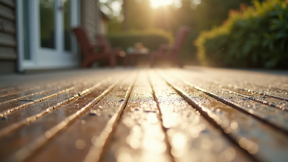Close-up view of a clean wooden deck after pressure washing