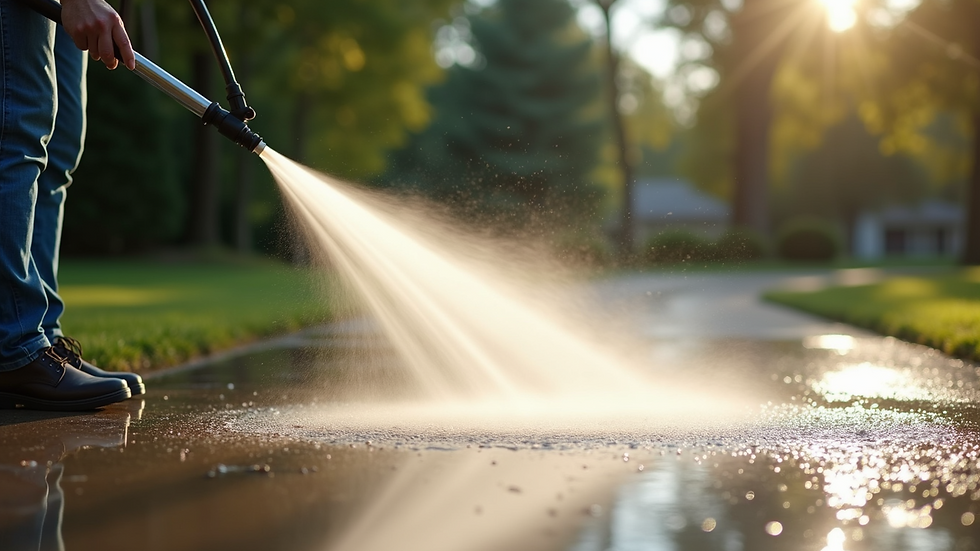 Close-up view of a pressure washer nozzle cleaning a driveway