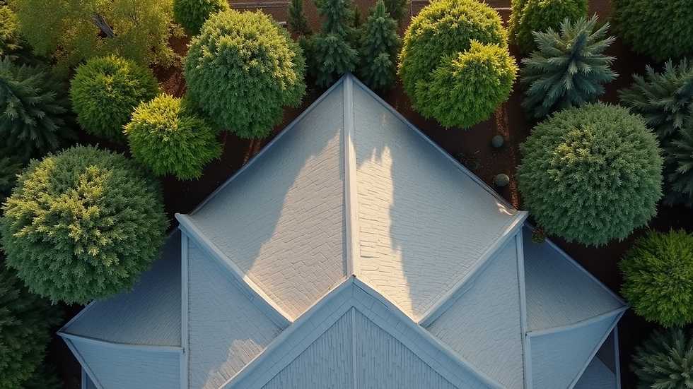 High angle view of a clean roof with trimmed trees around