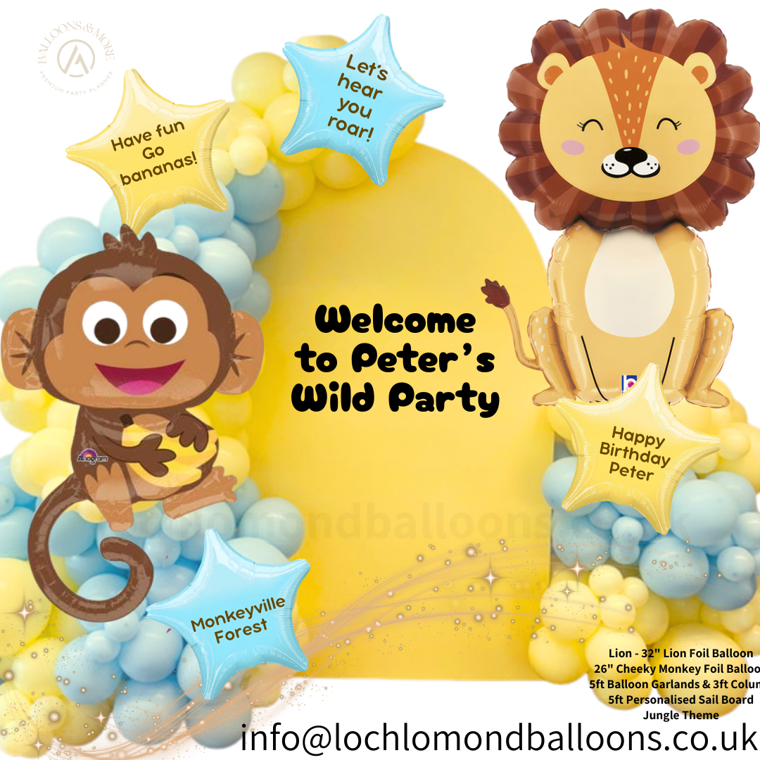 Welcome to Peter's Wild Party with Jungle Theme, Age Balloon, and Garland.