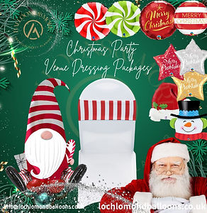 Loch Lomond Balloons Christmas Candy Candy Can Striped Red and White Chair Cover Band and Festive Character Balloon Packages available with Organza Chair Cover Sash on a white chair cover advertising Spandex and Lycra Chair Covers and Chair Cover Sashes in Tafetta Organza and Satin available for hire from Loch Lomond Balloons in Glasgow for UK Wide Delivery by calling 01389 499 374 or emailing info@lochlomondballoons.co.uk