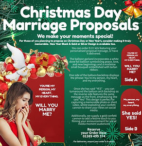 Christmas Marriage Proposals Balloon Package with Sail Board and a girl looking very surprised at neing proposed to in front of a Balloon Garland and Sail Board advertising Christmas and New Year Marraige Proposal Packages available from Loch Lomond Balloons in Glasgow by calling 01389 499 374 or emailing info@lochlomondballoons.co.uk