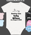 White baby bodysuit with Coming soon baby announcement vest customised with scan picture 