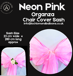 Neon Illuminous Pink Blush Pink Organza Chair Cover Sash on a white chair cover advertising Spandex and Lycra Chair Covers and Chair Cover Sashes in Tafetta Organza and Satin available for hire from Loch Lomond Balloons in Glasgow for UK Wide Delivery by calling 01389 499 374 or emailing info@lochlomondballoons.co.uk