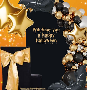 Halloween Balloon garland with a black and gold chair cover and sash advertising Halloween Balloon Garlands and Backdrop Services available across Glasgow City and Loch Lomond.