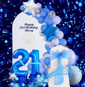 21st Birthday Blue and White Themed Balloon Package with a Sail Board and White Chair Cover witha blue chair cover sash - Loch lomond Balloons in Glasgow Event Party and Event Party packages.