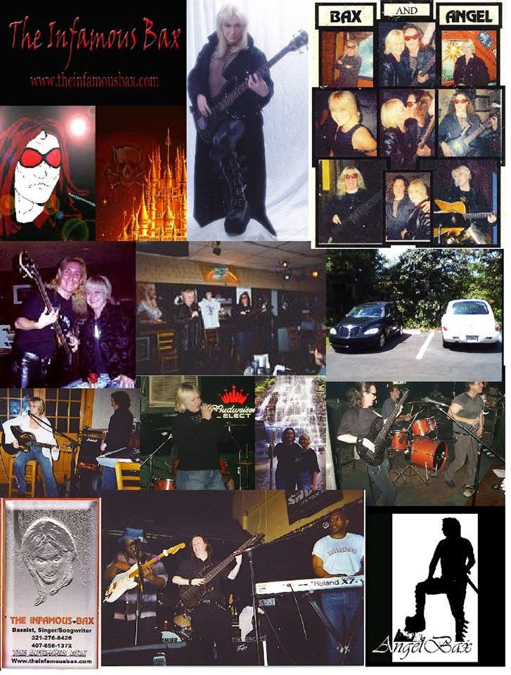 Bax with his Silver hair (top middle) Monster boots (bottom right) Silver logo and hair (bottom left) The Infamous Bax red sunglasses (top left) and me, short blonde hair and older.