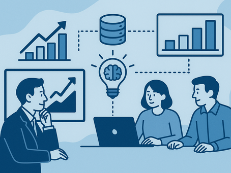 n líder empresarial observando dashboards, un flujo de información que conecta bases de datos con ideas (bombilla), y un equipo analizando resultados.