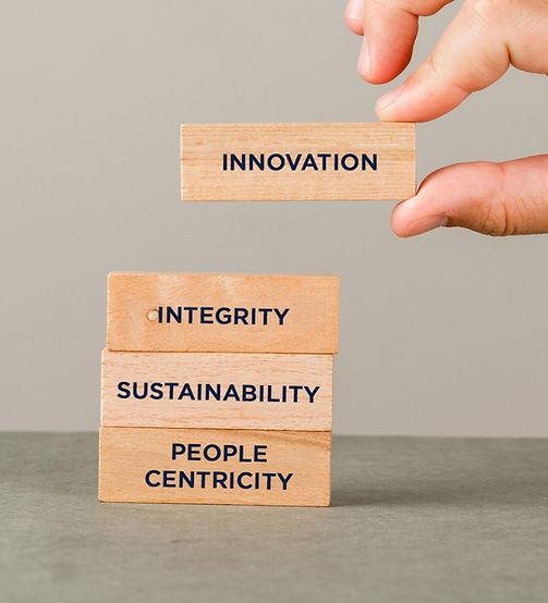 Visual of Future Fields' core values: Innovation, Integrity, Sustainability, and People-Centricity.