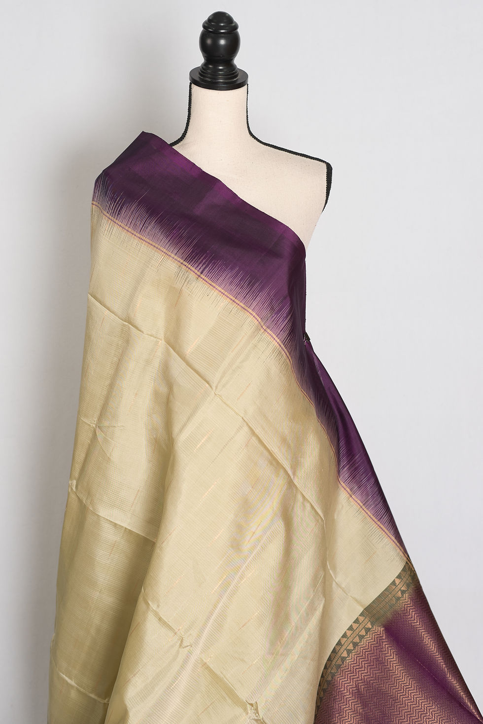 Thumbnail: Clayish brown lightweight Kanjivaram silk saree featuring fine zari dashes, a solid deep purple border, zari brocade pallu.