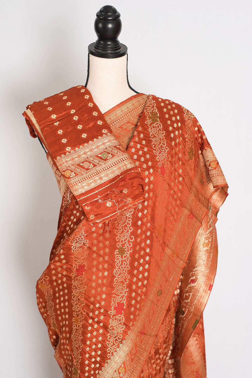Thumbnail: Rust Orange & Gold Semi Mashru Bandhani Saree
