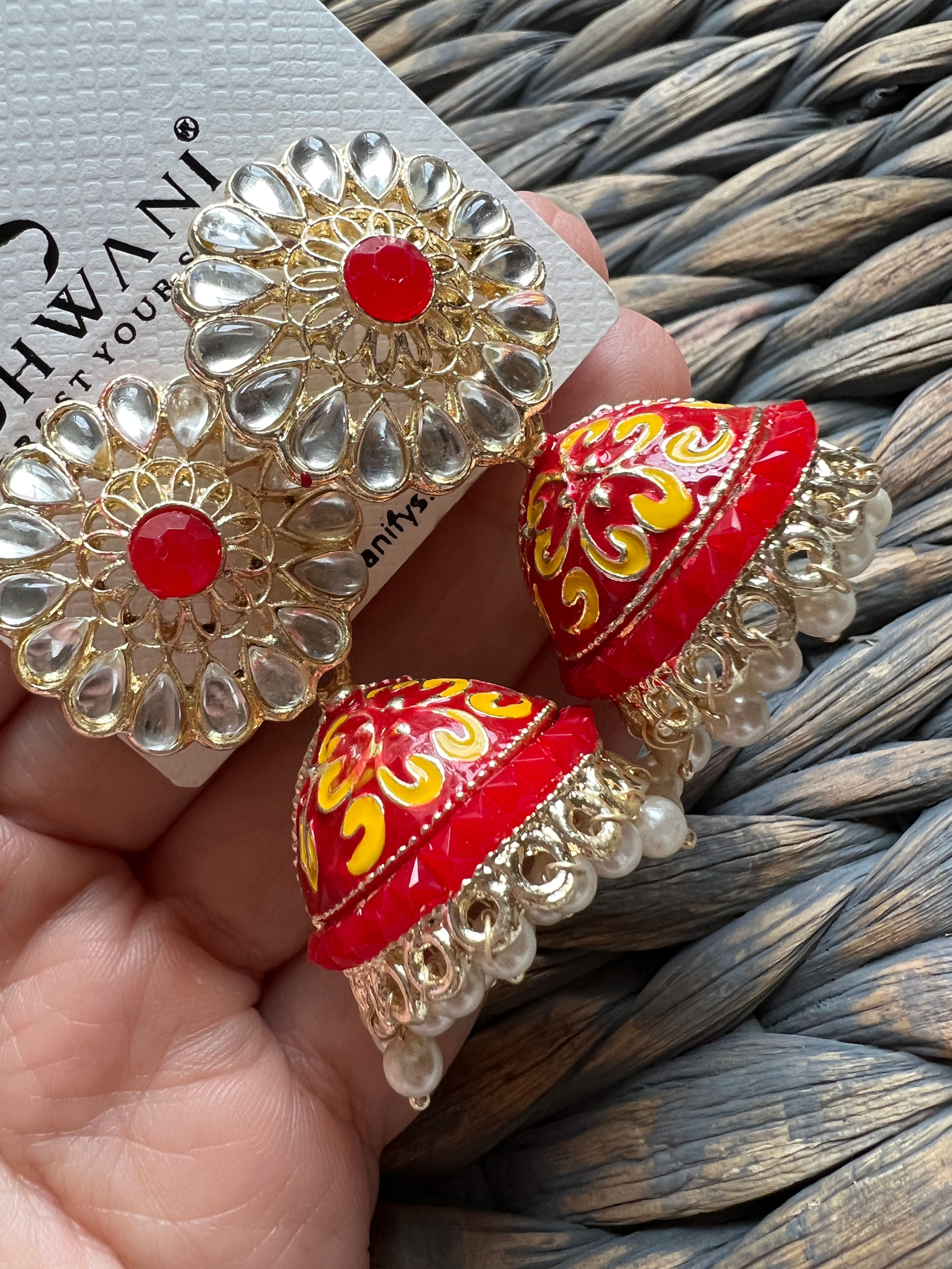 Gorgeous Kundan Jaipuri Jhumka Earrings in Red