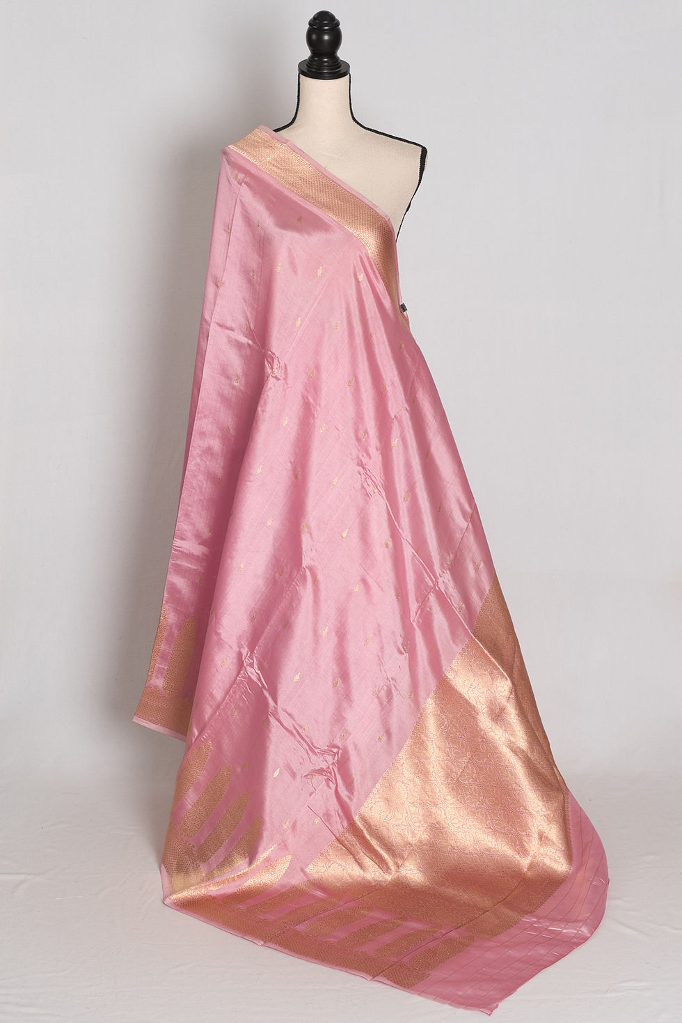 Onion pink and gold zari handwoven satin Katan pure silk Banarasi saree with unstitched deep dark pink contrast blouse piece.