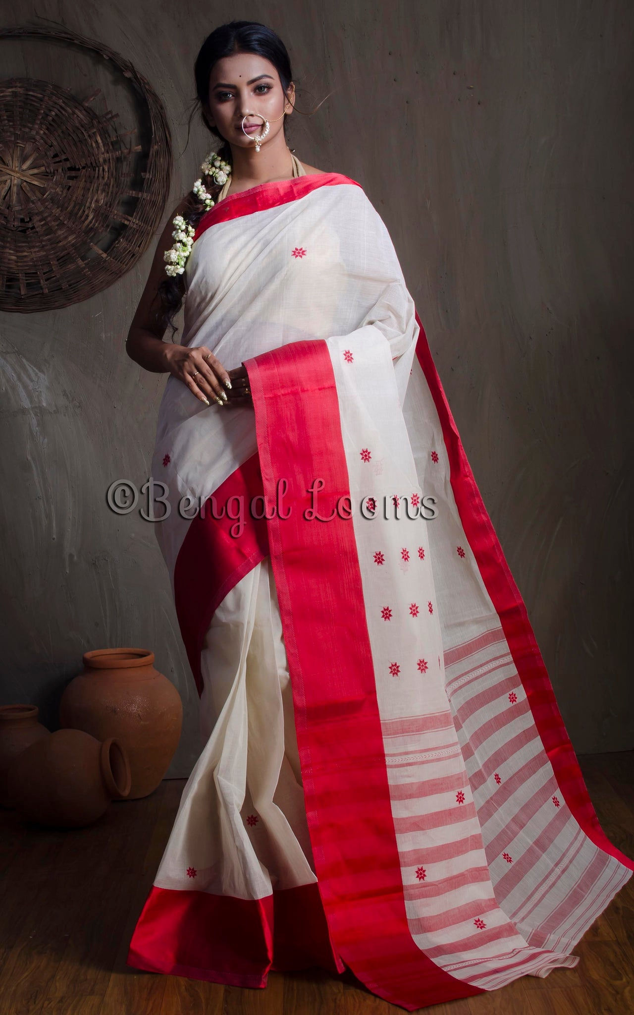 Bengali Red and White Cotton Saree