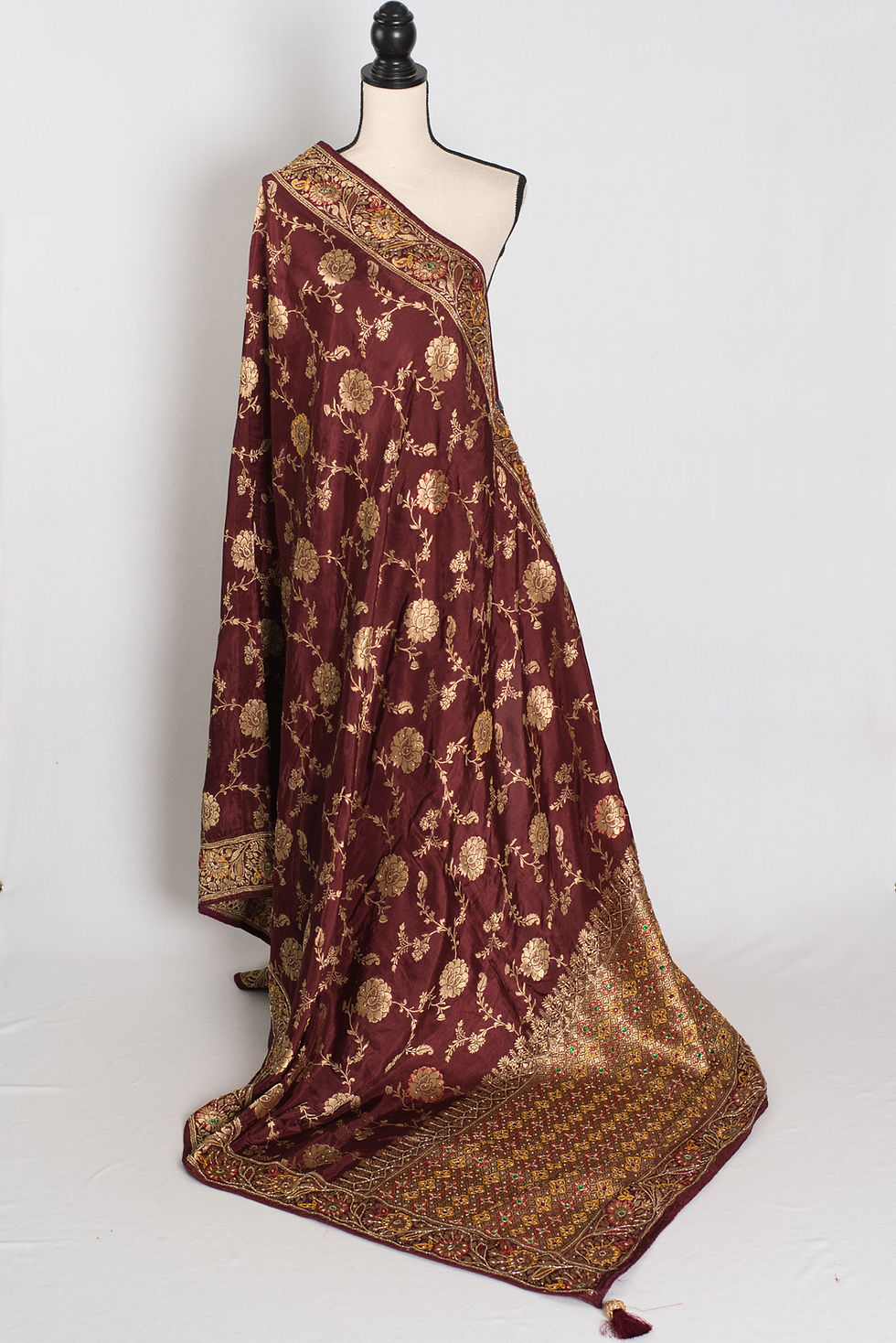 Thumbnail: coffee brown and gold dola silk banarasi saree draped on a mannequin showcasing full length front view.
