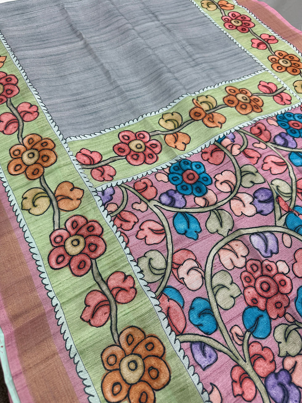 Thumbnail: Nisha collection Steel Gray Semi Tussar Saree with pink floral Kalamkari print and lime green border.