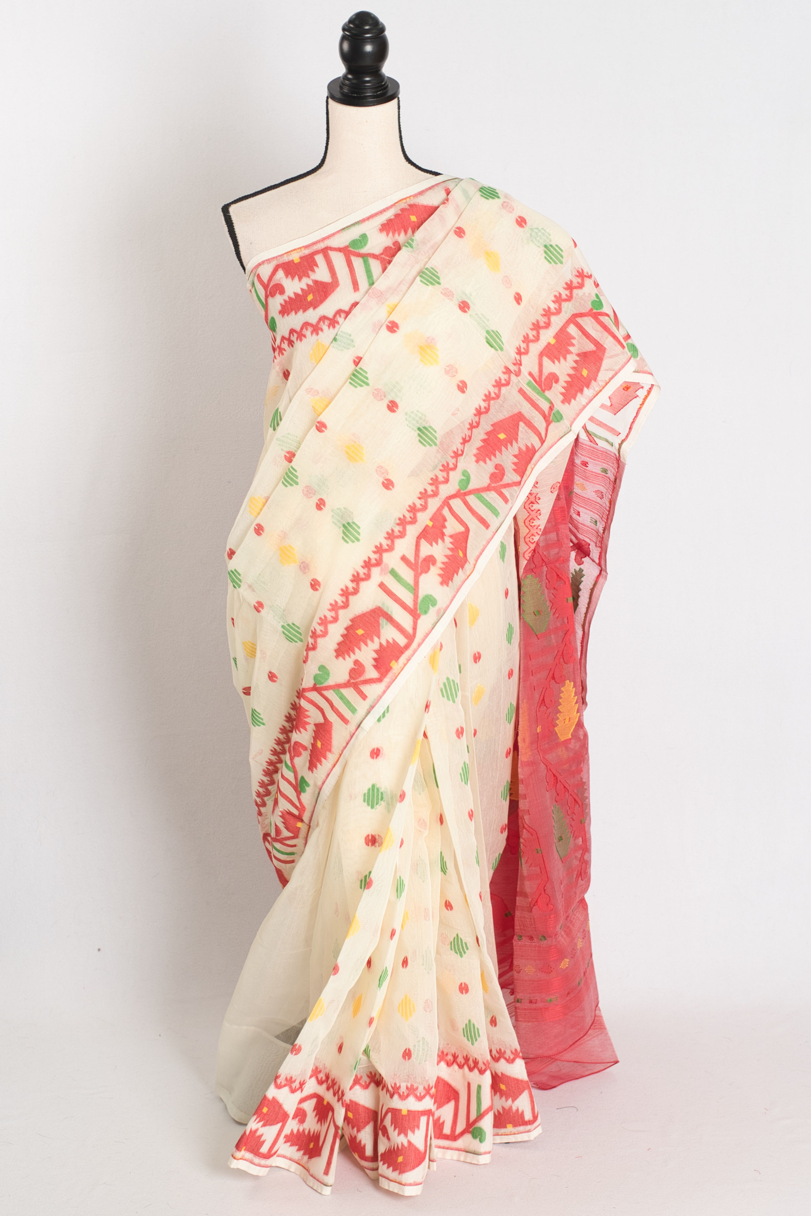 Siri : Cream and Red Blended Soft Cotton Jamdani Bengali Saree