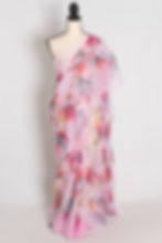full length front view of Lia soft pink chiffon saree displaying the vibrant floral print draped on a mannequin