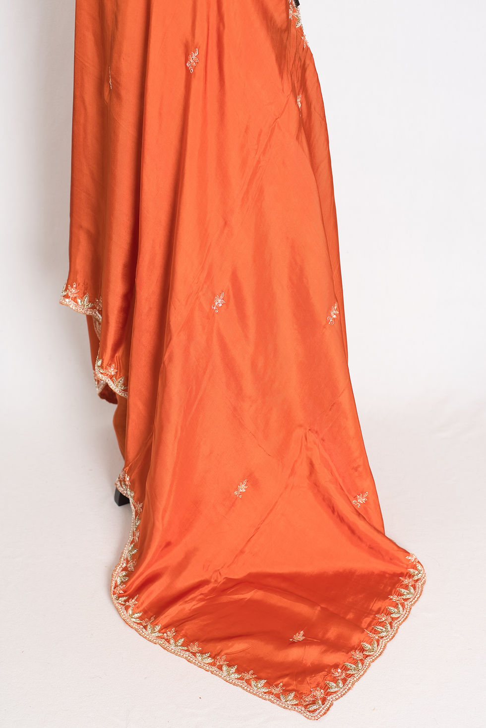 Thumbnail: Sargam-Orange-Hand-Embroidery-Zardosi-Work-Crepe-Silk-Designer-Saree