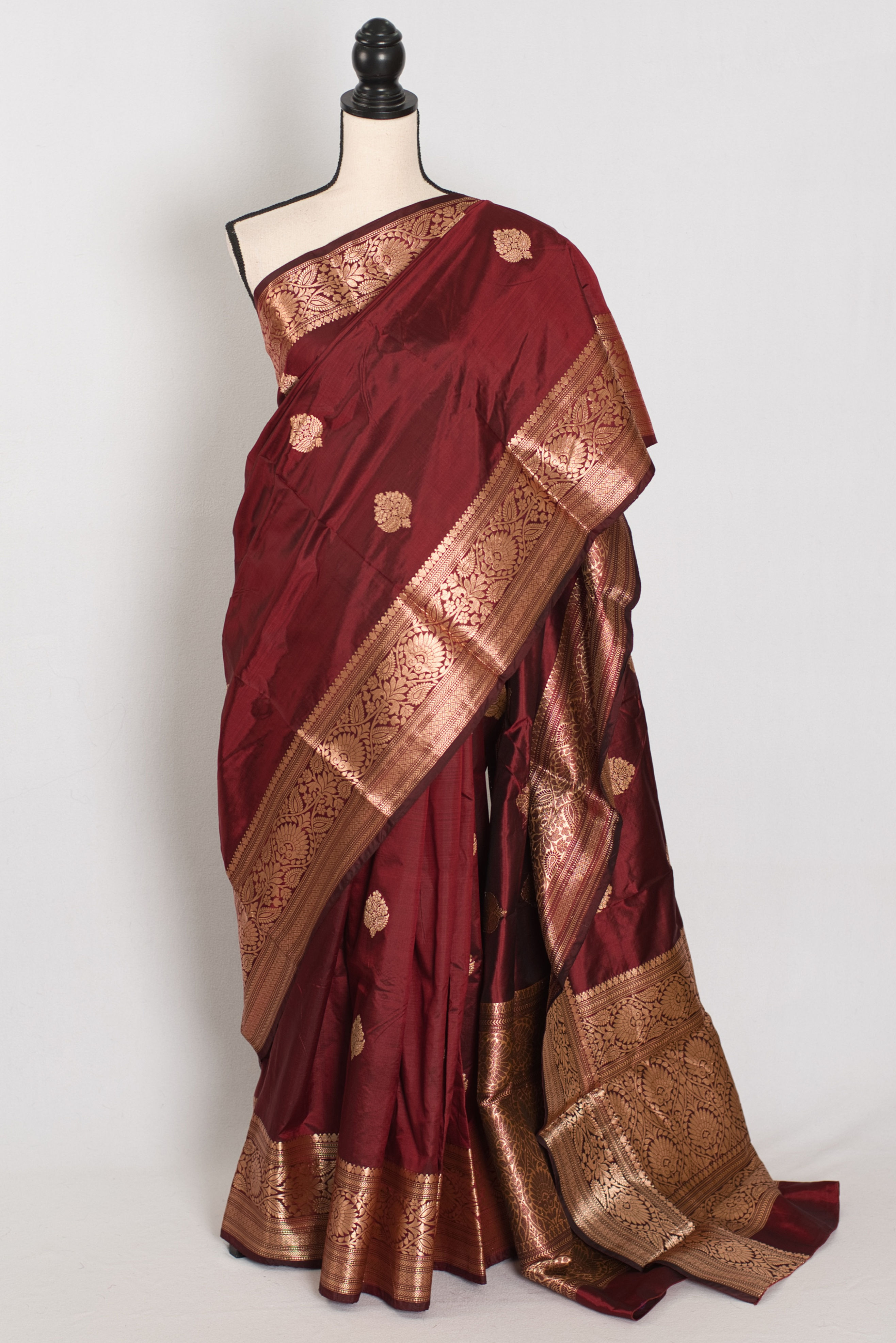 Brita collection: Silk Mark certified chocolate brown pure Katan silk Banarasi saree with handloom antique gold zari weaving.
