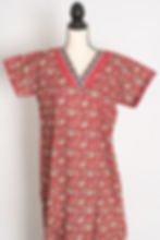 Close-up shot of the maroon floral nighty highlighting the intricate neckline embroidery, short sleeves, and front-opening
