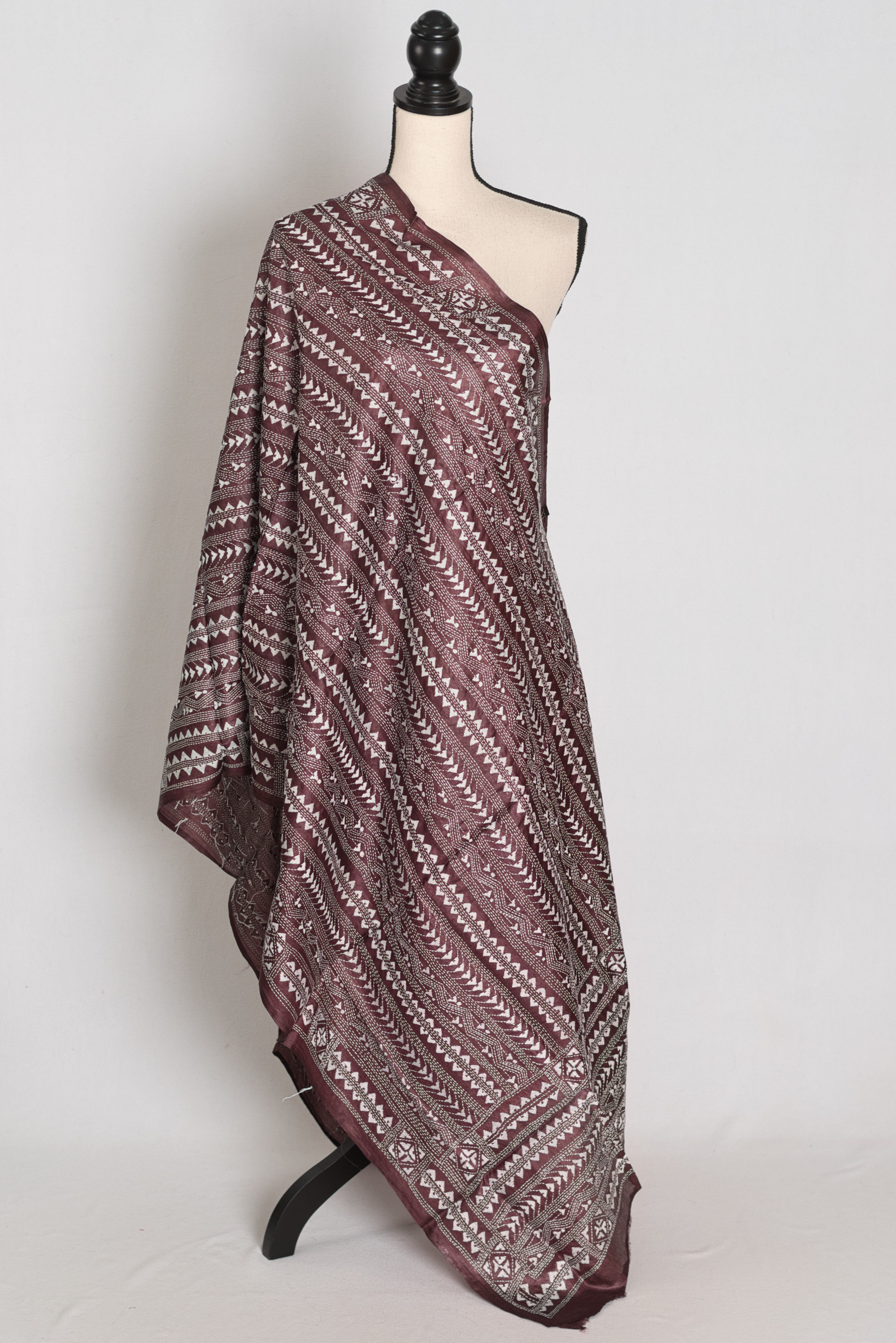 Full mannequin view of dark brown Desi Tussar silk Kantha stitch dupatta with white geometric embroidery.