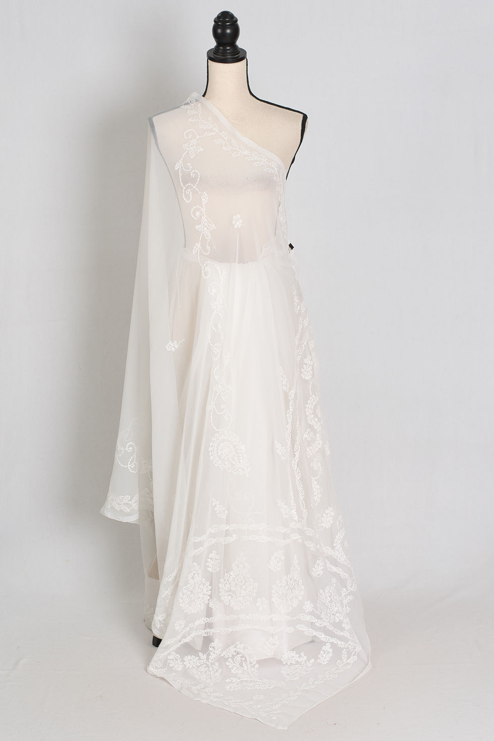 Thumbnail: Off-white Lucknow Chikankari hand embroidery chiffon saree from Bengal Looms USA