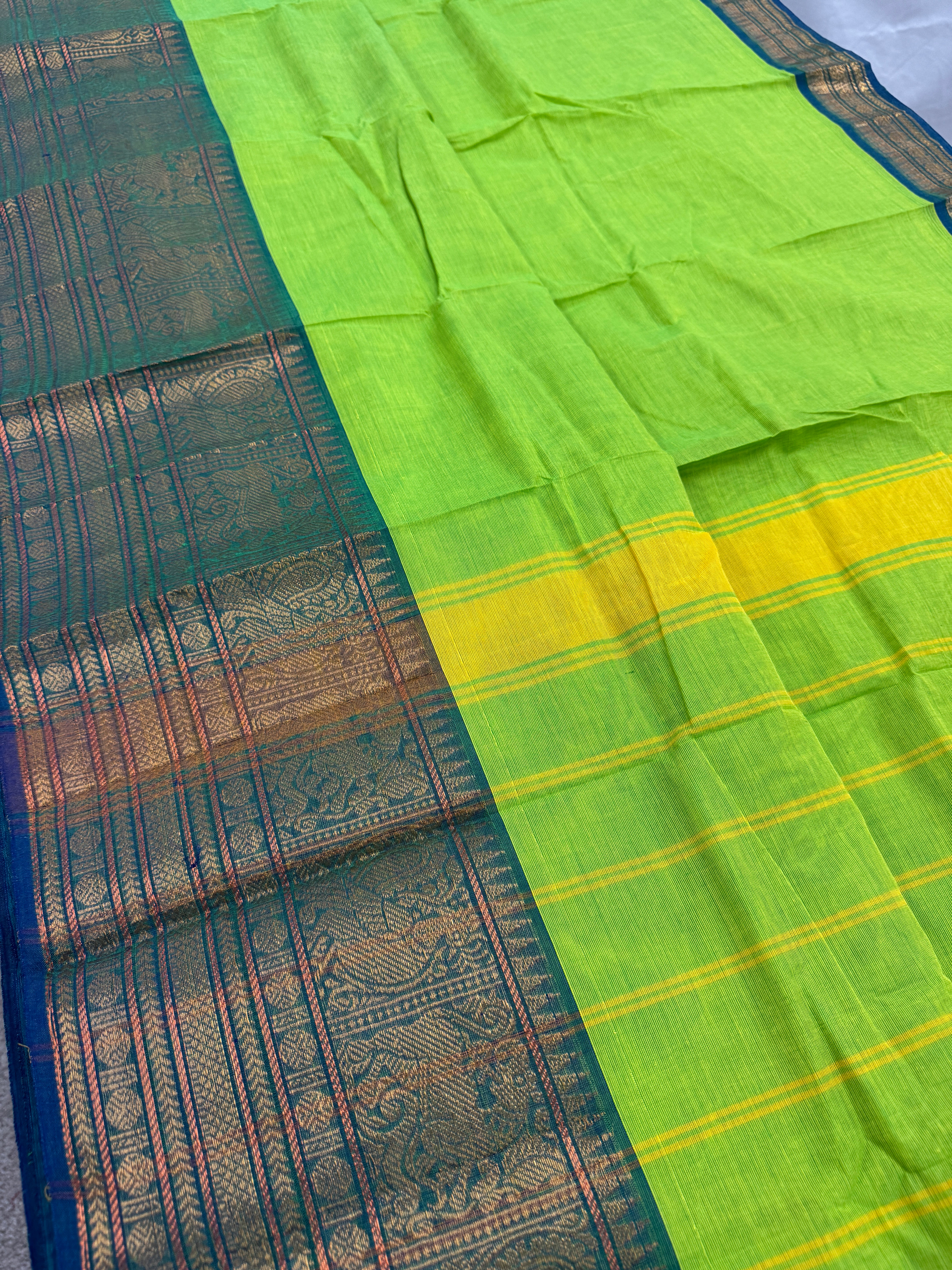 Nalini : Handwoven Kanchi Cotton Saree in Bright Green and Blue
