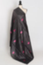 Gemini charcoal black Gicha Tussar silk saree with coarse jute-like texture and minimalist embroidery work.