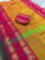 Vrinda : Handwoven Kanchi Cotton Saree in Orangish Yellow with Rani Pink