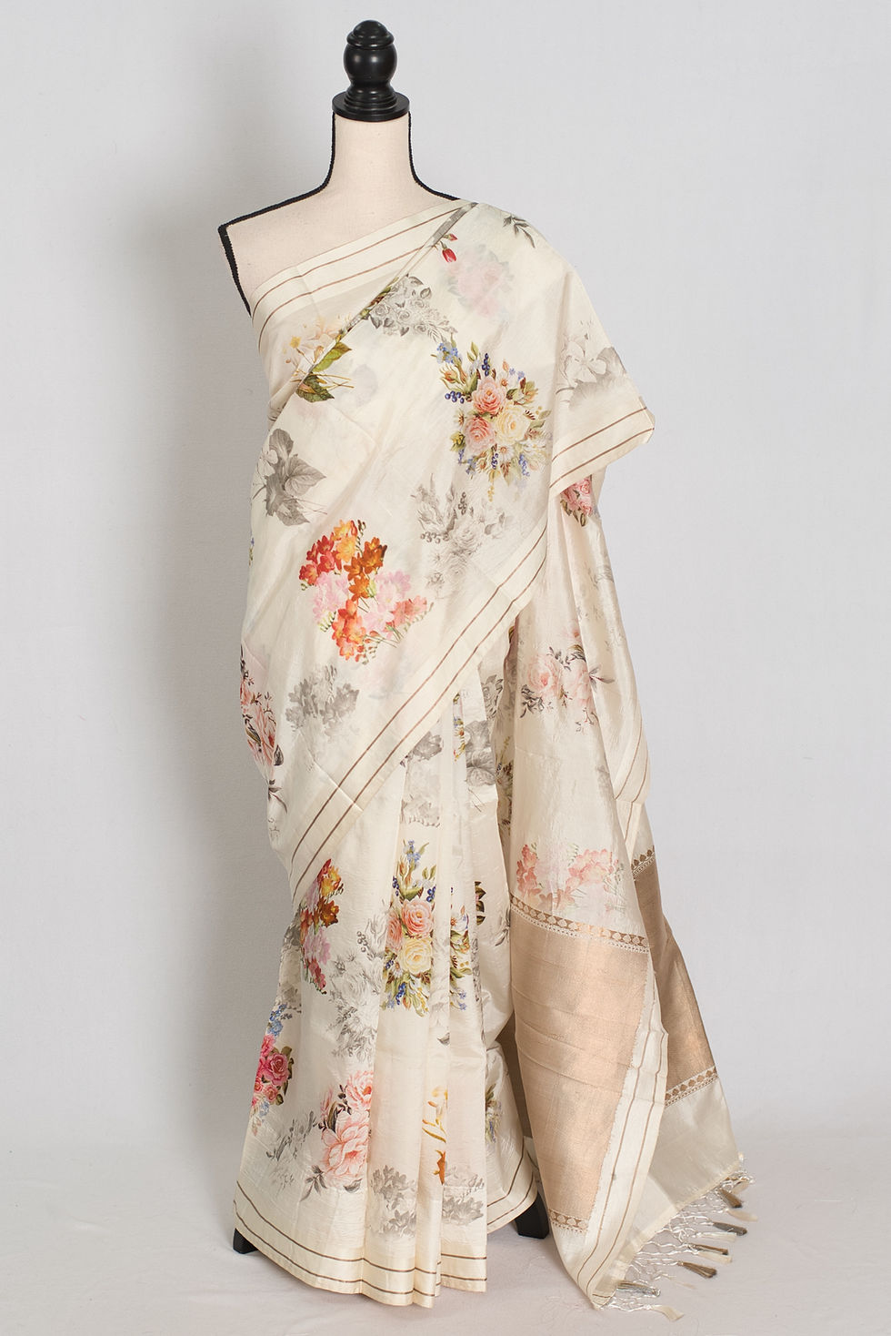 Silk Mark Certified ivory white floral printed Banarasi Katan silk saree with gold woven border from Bengallooms.