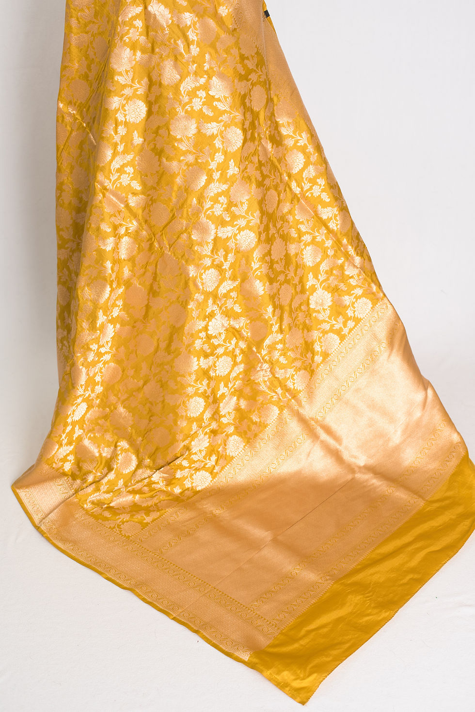 Thumbnail: Golden yellow bridal Banarasi silk saree with gold zari motifs (Sona Collection).