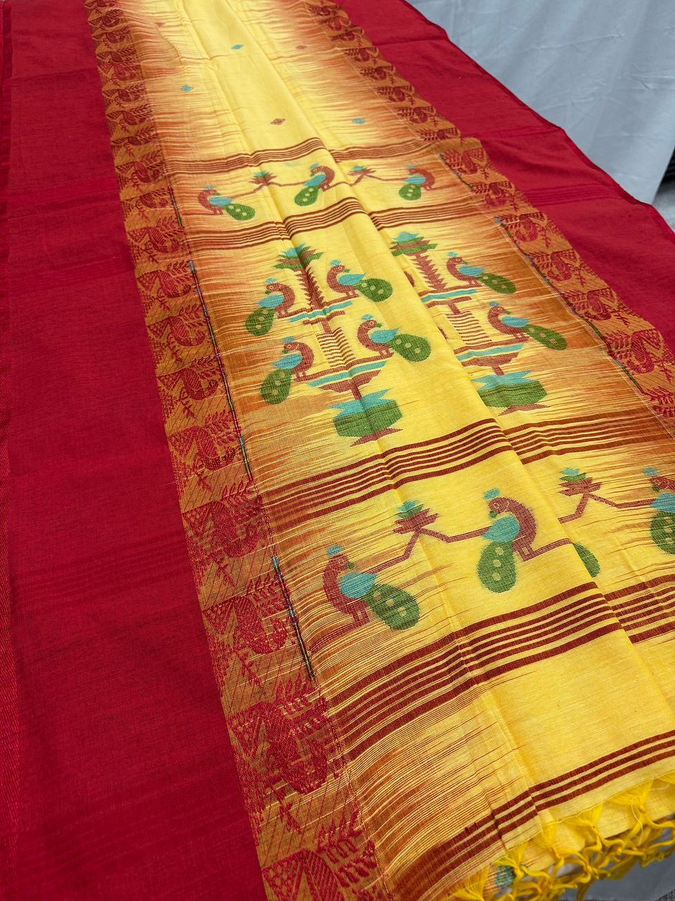 Thumbnail: Yellow and red Bengal handloom soft cotton saree with intricate peacock motifs on the pallu.