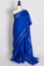 royal blue pure mysore crepe silk saree 50 gms draped on mannequin showcasing the full front look.