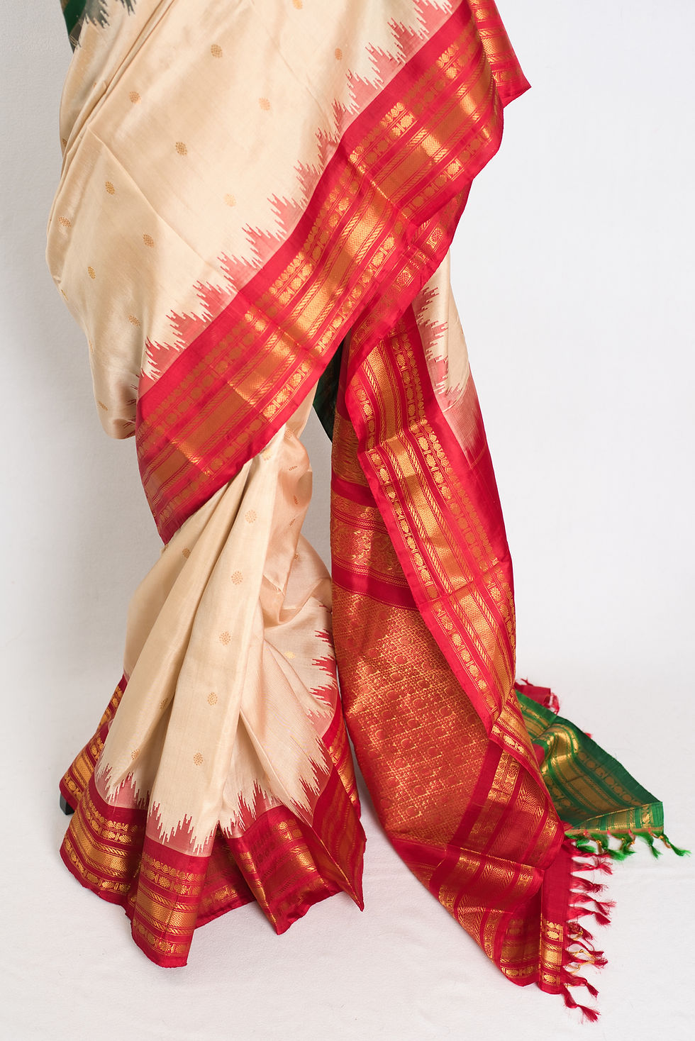Thumbnail: Kavya : Ganga Jamuna Border Gadwal Silk Saree in Beige with Red and Green