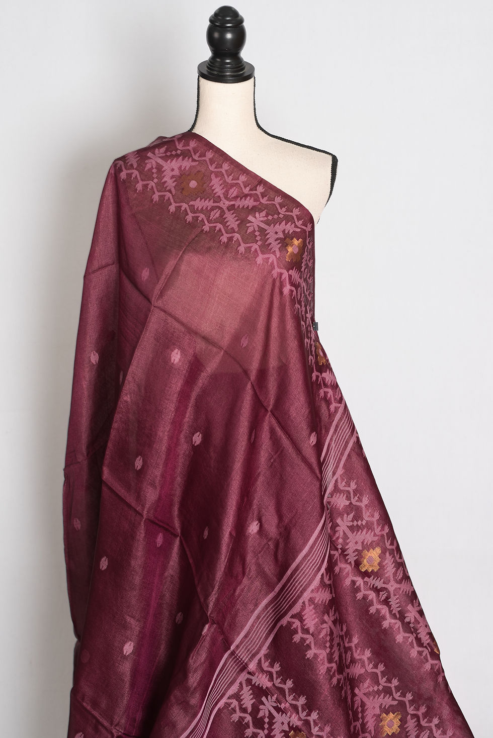 Thumbnail: Burgundy Bengal Tussar Jamdani silk saree featuring dusty rose and gold woven Jamdani motifs, ornate pallu