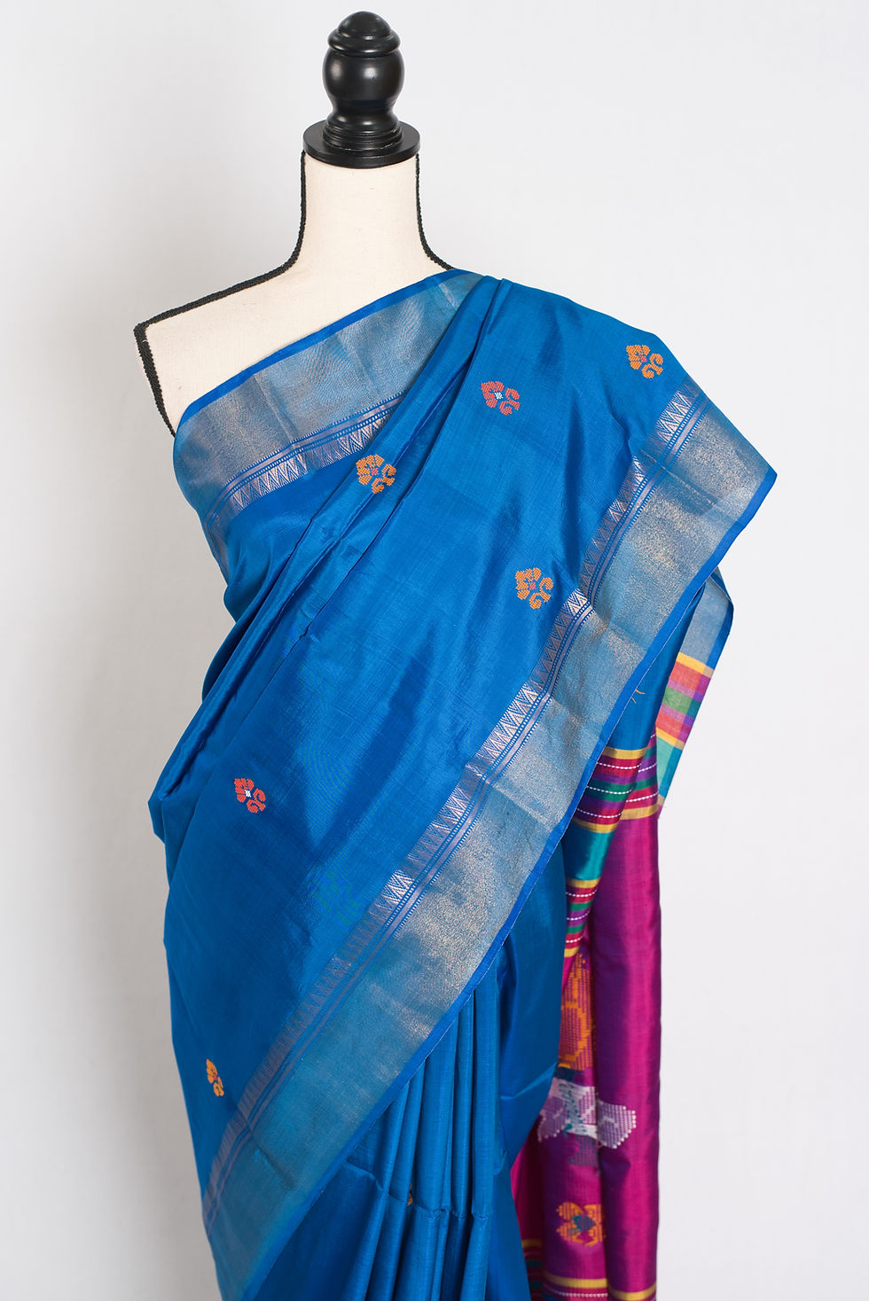 Thumbnail: Peacock blue & purple katan silk saree; lightweight flowy Bishnupur handloom for weddings. Fast free shipping from USA.