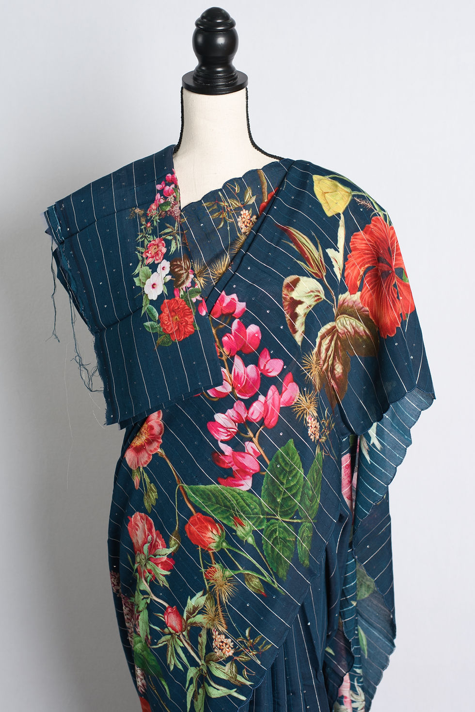 Thumbnail: Blue Floral Printed Munga Soft Cotton Saree with Woven Sequins