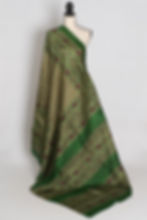 Olive green Murshidabad pure silk saree with hand-printed maroon floral sprigs and forest green borders draped on a mannequin