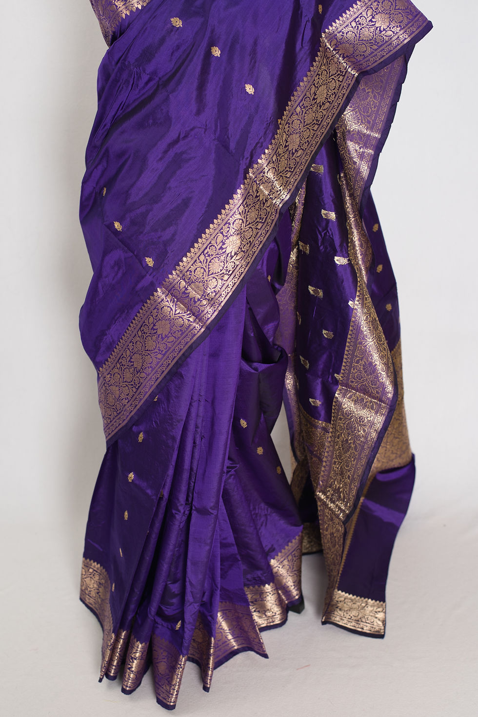 Thumbnail: Mahua collection: Silk Mark certified royal purple pure Katan silk Banarasi saree with antique gold zari weaving.