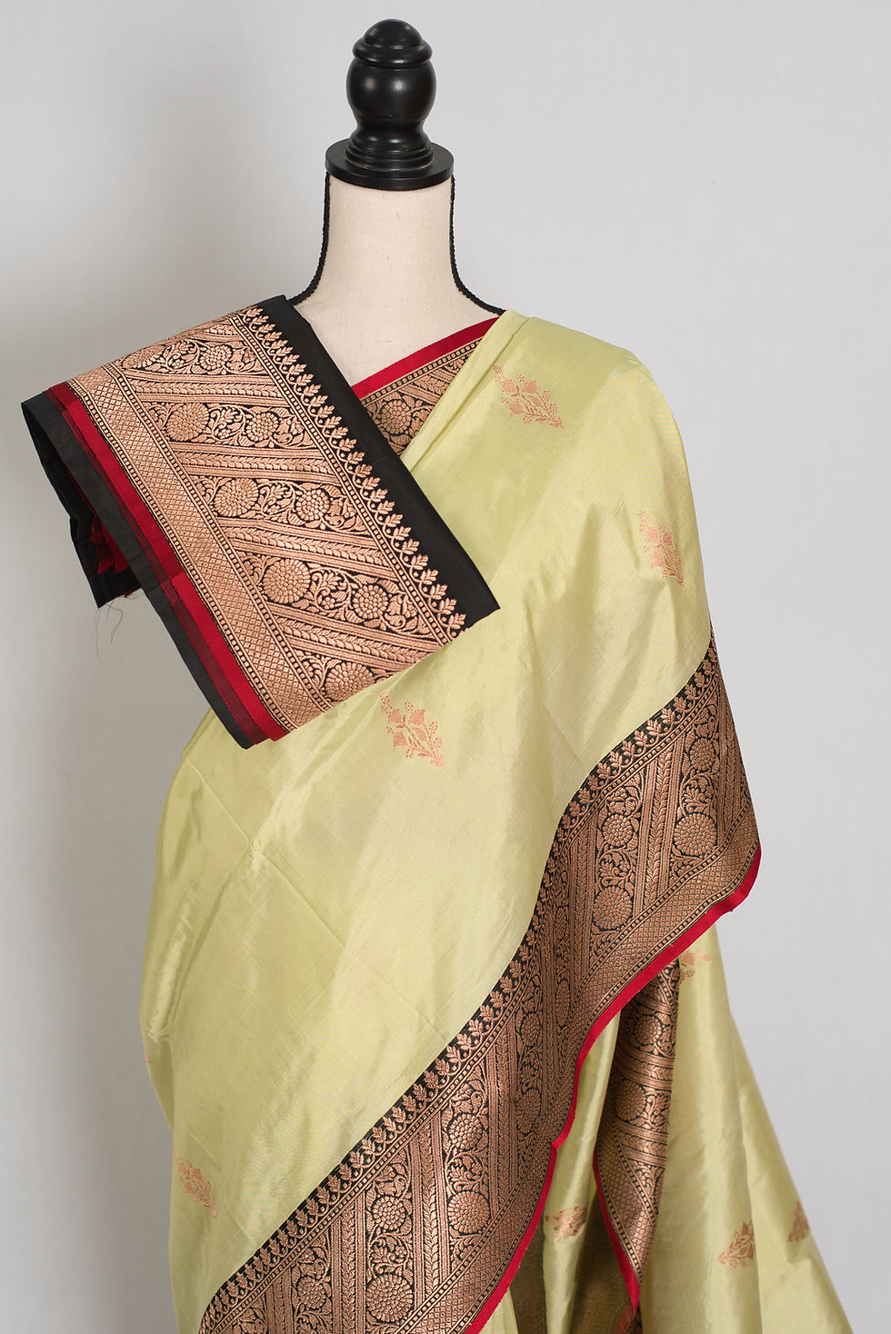 Thumbnail: Lime Green Katan Banarasi Silk Saree with Black and Gold Zari Border
