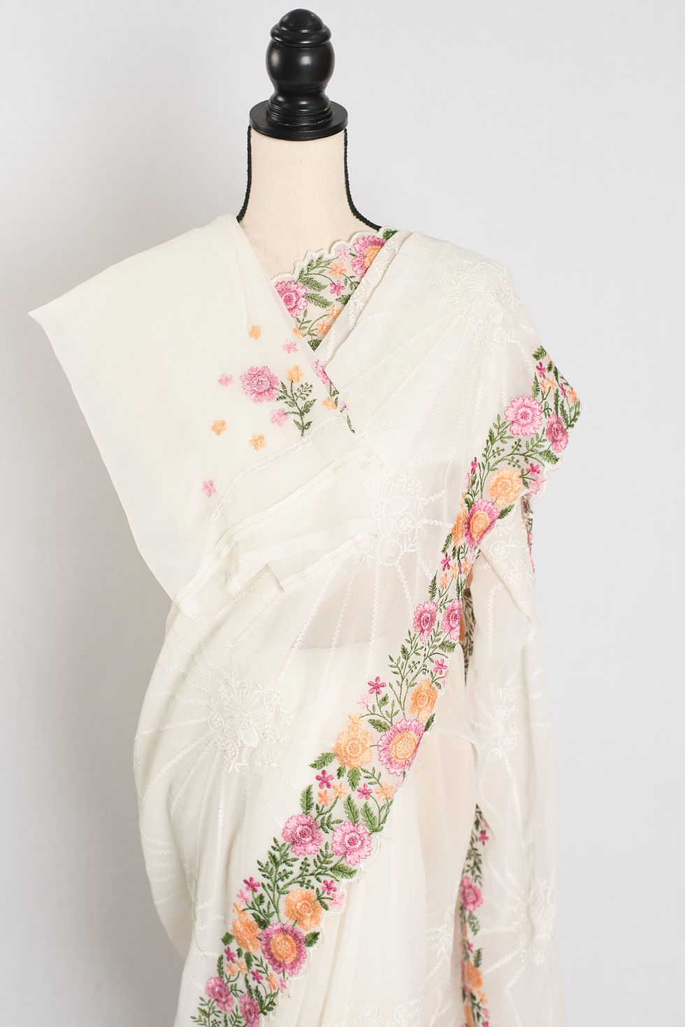 Thumbnail: Farheen : Georgette Embroidery Designer Saree in Off White