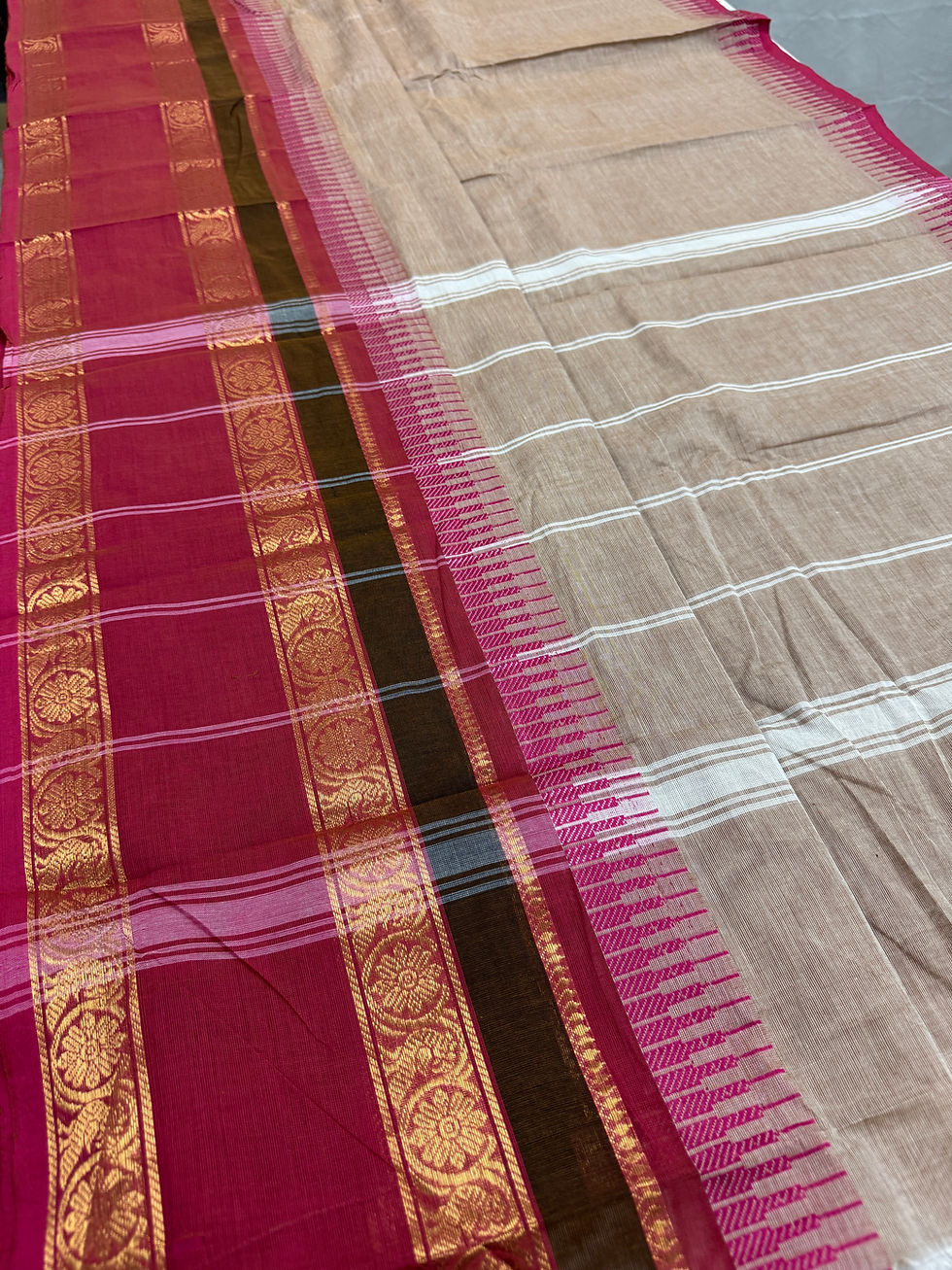 Thumbnail: Avvai : Light Brown Kanchi Cotton Saree - Handwoven South Indian Elegance