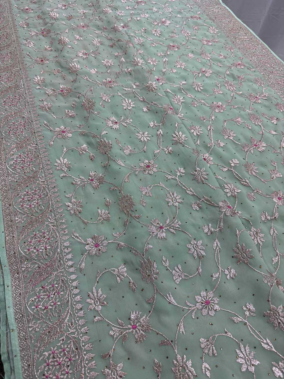 Thumbnail: Full layout view of the sea green georgette partywear saree.
