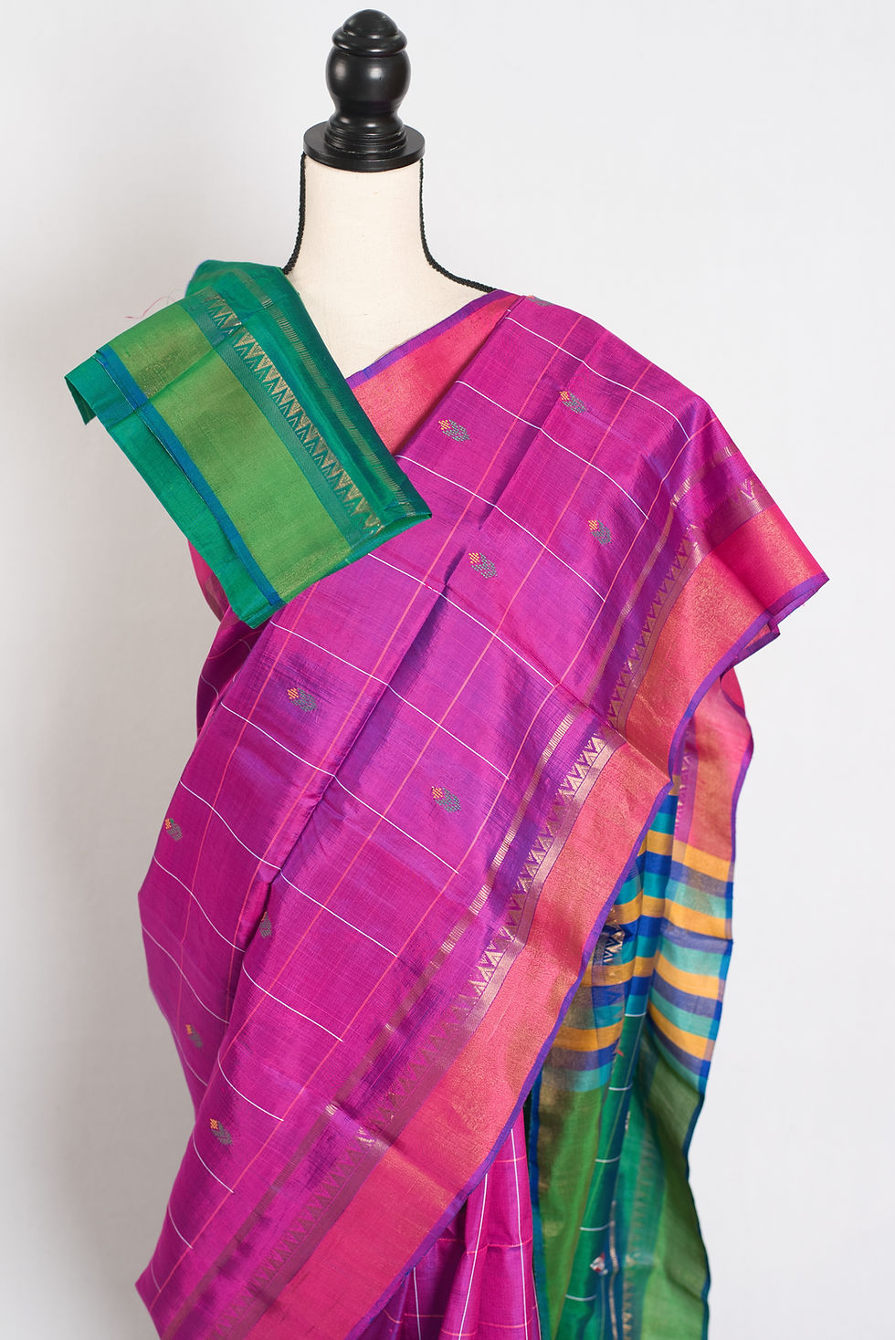 Thumbnail: Purple & green checkered katan silk saree; lightweight Bishnupur handloom for weddings. Fast free shipping from within USA.
