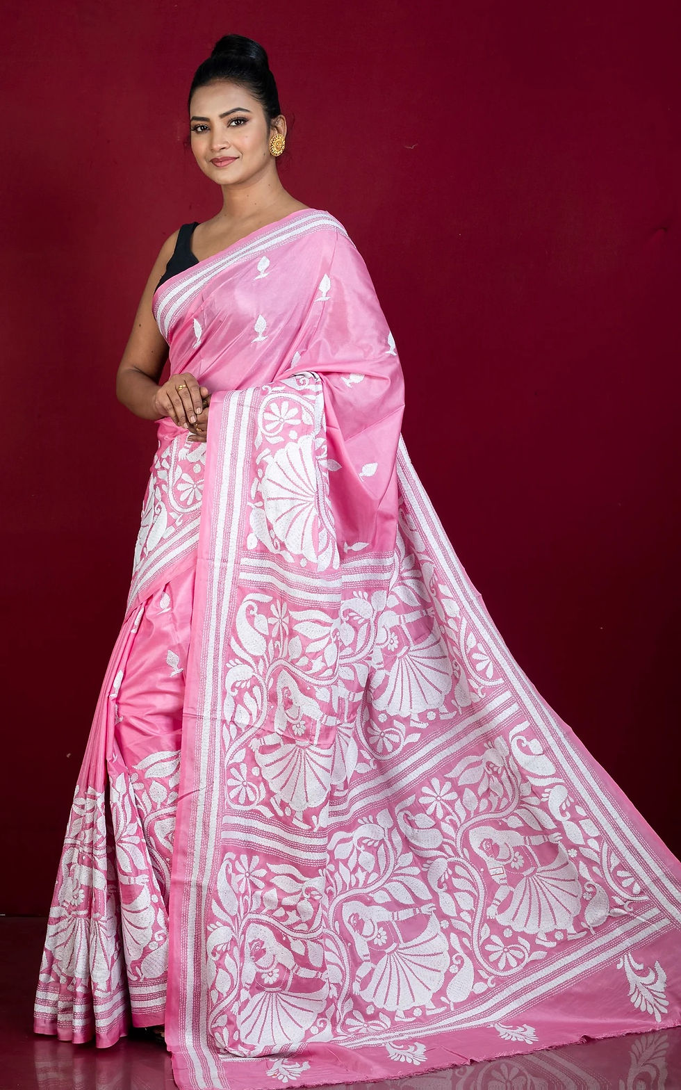 Pink - Bengal Nakshi Kantha Hand Embroidered Silk Saree 31